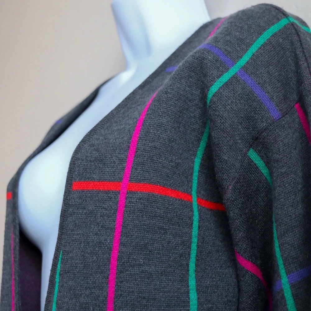 Vintage Liz Claiborne Wool Cashmere Blend Cardigan 80s 90s Plaid Grid Sweater M‎